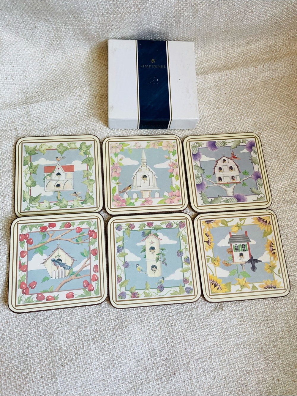 Pimpernel Daisy Field Pastel Blue Floral Birdhouse Ceramic Coasters Set of 6